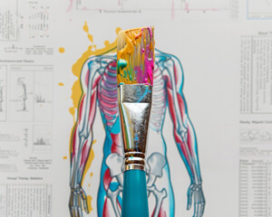 A double exposure blending a paintbrush dipped in colorful paint with a scientific diagram of the human body Faint outlines of a medical textbook are visible in the background