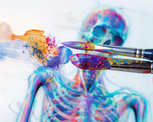 A double exposure blending a paintbrush dipped in colorful paint with a scientific diagram of the human body Faint outlines of a medical textbook are visible in the background