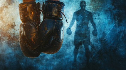A double exposure blending a pair of well worn boxing gloves with a vintage punching bag Faint outlines of a boxer's stance are visible on the punching bag