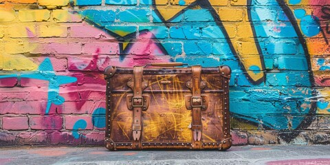 Luggage in front of graffiti covered wall