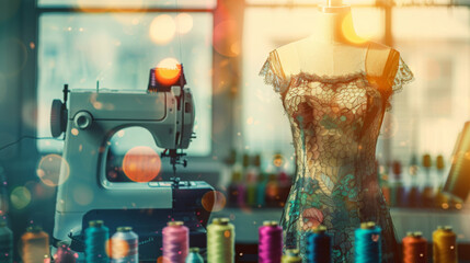 A double exposure blending a sewing machine with colorful thread spools with a finished garment hanging on a dress form