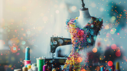 A double exposure blending a sewing machine with colorful thread spools with a finished garment hanging on a dress form 