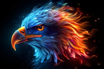A close up of an eagle's head with fire coming out of it. A magical creature made of fire. - 783357598