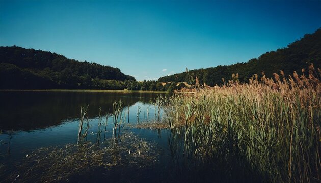 beautiful calm lake with reeds in summer under blue sky geiseltalsee germany