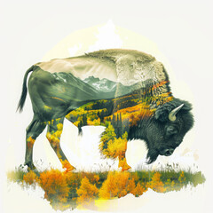 A double exposure illustration of an American bison with its shadow filled in yellow, orange and green colors 