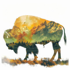 A double exposure illustration of an American bison with its shadow filled in yellow, orange and green colors 