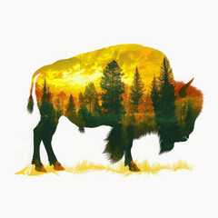A double exposure illustration of an American bison with its shadow made from yellow and green trees, grasslands and a sunset sky 