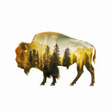 A double exposure illustration of an American bison with its shadow made from yellow and green trees, grasslands, and sky on white background