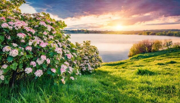 lush hawthorn bush blooms on a green lawn funtustic spring sunrise on the shore of the lake splendid morning scene of ukrainian countryside beauty of nature concept background