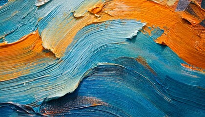 closeup of abstract rough colorful blue orange complementary colors art painting texture background wallpaper with oil or acrylic brushstroke waves pallet knife paint on canvas generative ai - obrazy, fototapety, plakaty