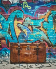 Brown suitcase in front of graffiti covered wall
