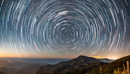 star trails over mountainous terrain at sunset