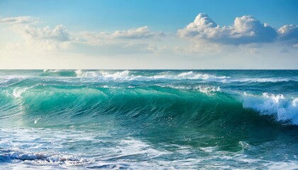 waves of ocean water or sea in summer bright blue and turquoise colors in early morning sun light...