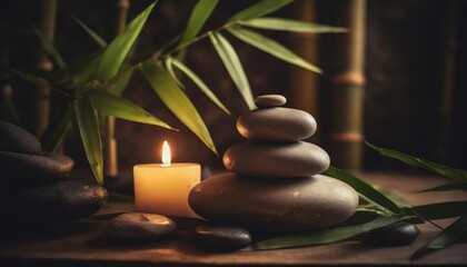 still life spa setting featuring stacked stones a burning candle and bamboo leaves