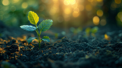 A small green plant is growing in the dirt - obrazy, fototapety, plakaty