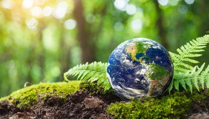 Foto op Plexiglas planet earth on soil with green moss and ferns in sunny forest with bokeh background ecology and earth day concept map provided by nasa © Josue