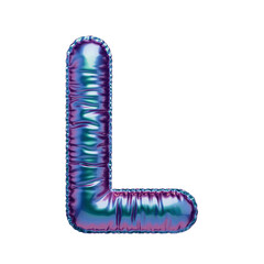 Letter L in the form of a blue-green and purple foil balloon isolated on a transparent background. PNG 3D render. Letter of the Latin alphabet. Metallic volumetric letter with matte texture. Holograph