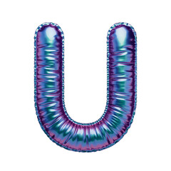 Letter U in the form of a blue-green and purple foil balloon isolated on a transparent background. PNG 3D render. Letter of the Latin alphabet. Metallic volumetric letter with matte texture. Holograph © Nadya