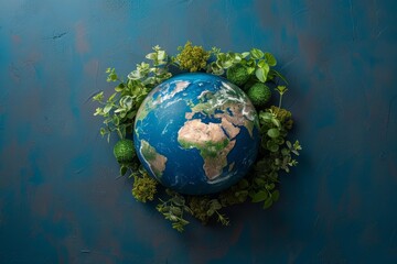 Fototapeta premium Earth Surrounded by Green Plants on Blue Background. Generative AI