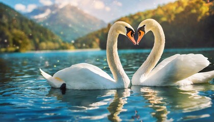 animal wildlife love and fantasy concept two white swans in love swimming in lake swans making heart shape from necks in dreamlike and magical background with copy space generative ai - obrazy, fototapety, plakaty