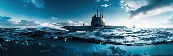 Aerial drone photo of latest technology naval armed forces submarine cruising in deep blue open ocean sea. AI generated illustration