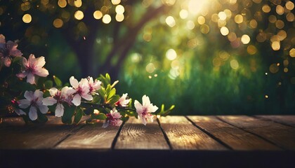 spring time blossoms on wooden table in green garden with defocused bokeh lights and flare effect - obrazy, fototapety, plakaty