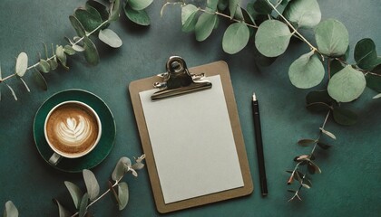 aesthetic minimal office desk table with clipboard mockup coffee cup stationery and eucalyptus leaves on green background flat lay top view