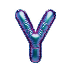 Letter Y in the form of a blue-green and purple foil balloon isolated on a transparent background. PNG 3D render. Letter of the Latin alphabet. Metallic volumetric letter with matte texture. Holograph