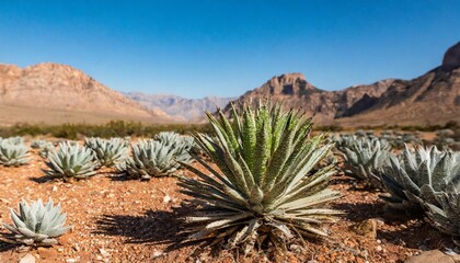 desert plants growing on desert landscape with mountains in the background