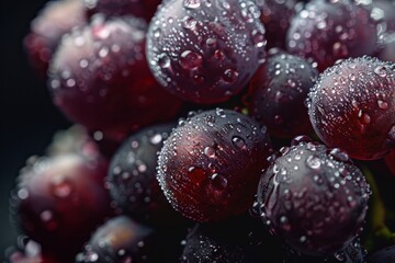 A close-up image capturing the intricate detail of water droplets adorning a cluster of ripe,...
