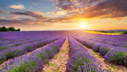 stunning landscape with lavender field at sunset