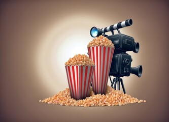 Popcorn and a Film projector, cinema background,