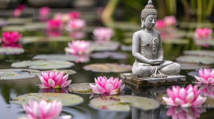 Serene Buddha Statue Amidst Pink Lotus Flowers. A tranquil Buddha statue meditates surrounded by vibrant pink lotus blossoms in a peaceful pond, symbolizing serenity and enlightenment. Vesak Day