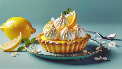 tartlet with lemon cream and meringue on a soft pastel background banner with copy space showcasing a delightful and citrusy dessert
