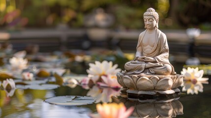 Serene Buddha Statue Amidst Pink Lotus Flowers. A tranquil Buddha statue meditates surrounded by vibrant pink lotus blossoms in a peaceful pond, symbolizing serenity and enlightenment. Vesak Day