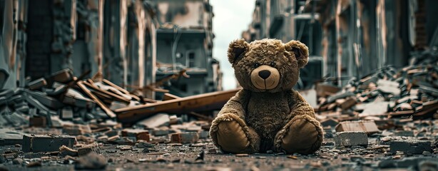 A teddy bear sitting alone in the middle of an abandoned city. AI generated illustration