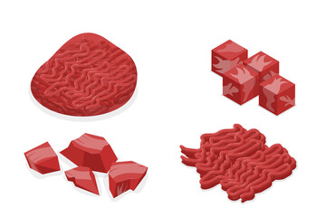 3D Isometric Flat  Set of Stuffing Meat Products, Fresh Meat Cuts