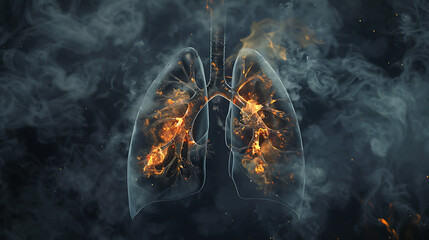 a pair of human lungs surrounded by smoke, with the insides of the lungs appearing to be on fire. - obrazy, fototapety, plakaty