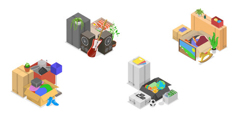 3D Isometric Flat  Set of Stuff For Moving, Boxes Packed with Belongings