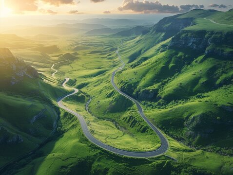 Aerial view of winding road in mountains