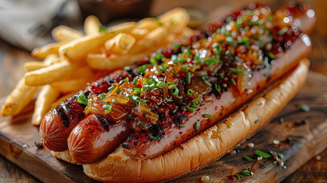 gourmet hot dog, with a juicy sausage topped with caramelized onions