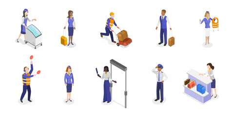 Fototapeta na wymiar 3D Isometric Flat Set of Airport Staff, Group of Airline Employees