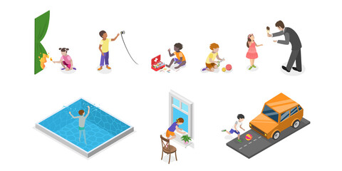3D Isometric Flat  Set of Kids In Danger Situations, Children Safety