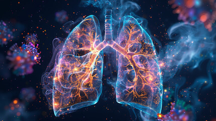 a pair of human lungs enveloped by particles and pathogens, vividly illustrating concepts related to respiratory health or diseases.