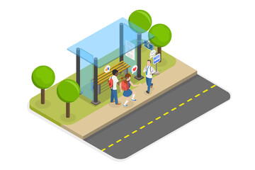 3D Isometric Flat  Illustration of Happy Students Waiting a Bus, Urban School Commuting for Kids