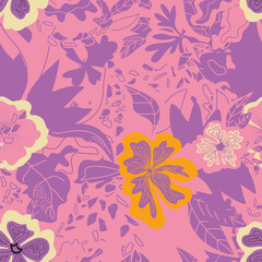 stylized flowers in flat style hand drawn vector seamless pattern, neon, pop art...