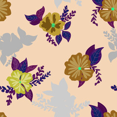 stylized flowers in flat style hand drawn vector seamless pattern. Retro style