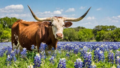 texas longhorn cow in a field of bluebonnets in spring
