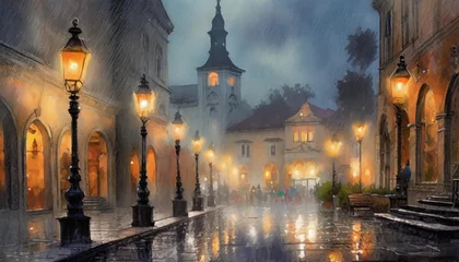 Gordijnen rainy evening in an old town foggy square with lighted lanterns watercolor painting © Francesco