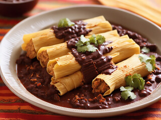 Chicken Mole Tamales with Chocolate Mole Sauce